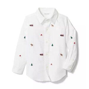 Janie & Jack Boys White Button Down Oxford Shirt Christmas Embroidery‎ Sz 12 NWT